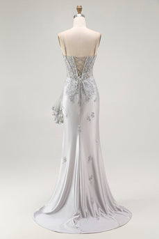 Sparkly Grey Mermaid Corset Long Prom Dress with Beading