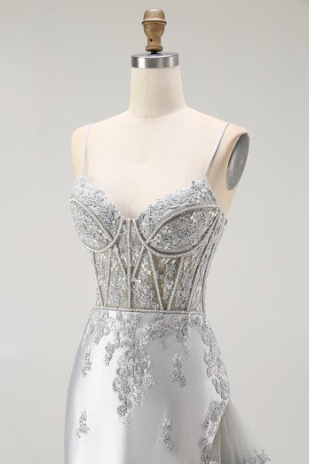 Sparkly Grey Mermaid Corset Long Prom Dress with Beading