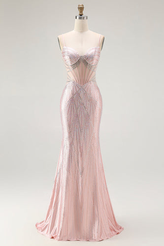 Sparkly Blush Mermaid Beaded Long Corset Prom Dress