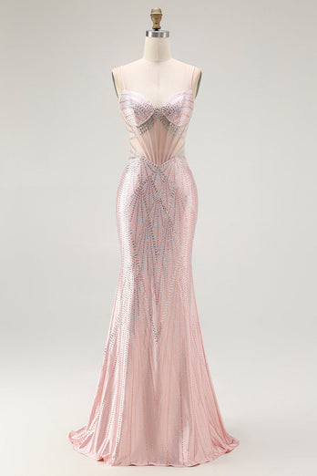 Sparkly Blush Mermaid Beaded Long Corset Prom Dress