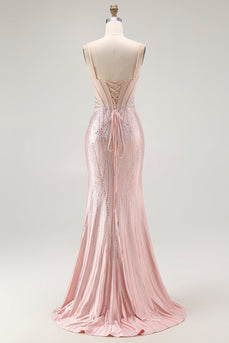 Sparkly Blush Mermaid Beaded Long Corset Prom Dress