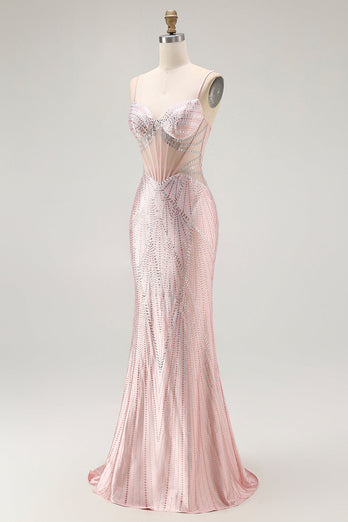 Sparkly Blush Mermaid Beaded Long Corset Prom Dress