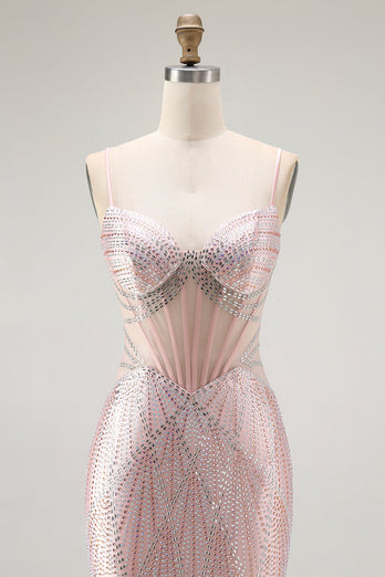 Sparkly Blush Mermaid Beaded Long Corset Prom Dress