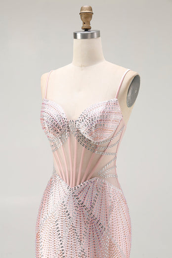 Sparkly Blush Mermaid Beaded Long Corset Prom Dress