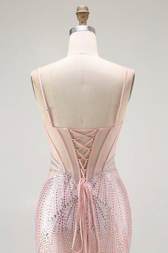 Sparkly Blush Mermaid Beaded Long Corset Prom Dress