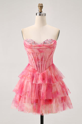 Sparkly Red Beaded Corset Short Tiered Prom Dress with Ruffles