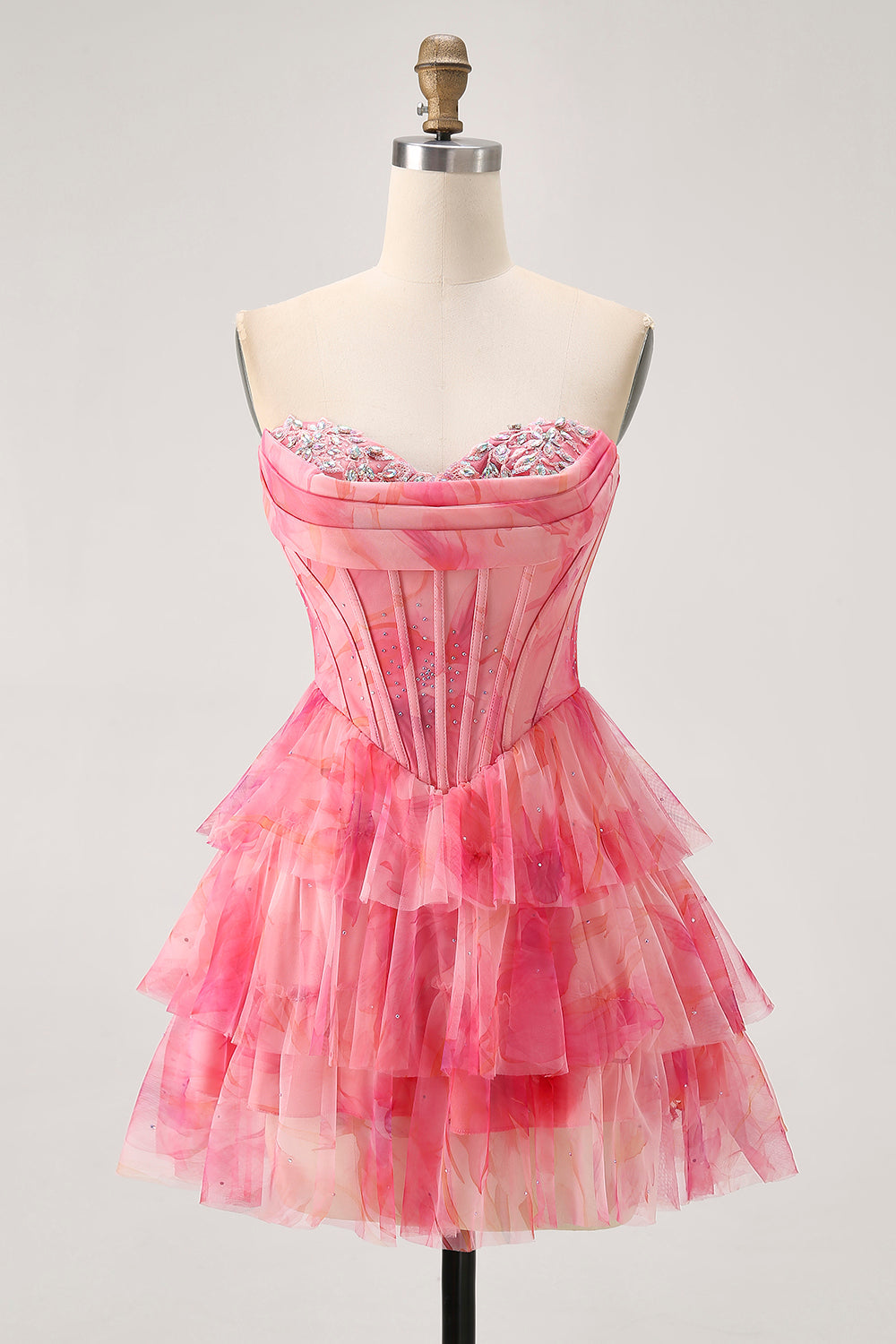 Sparkly Red Beaded Corset Short Tiered Prom Dress with Ruffles
