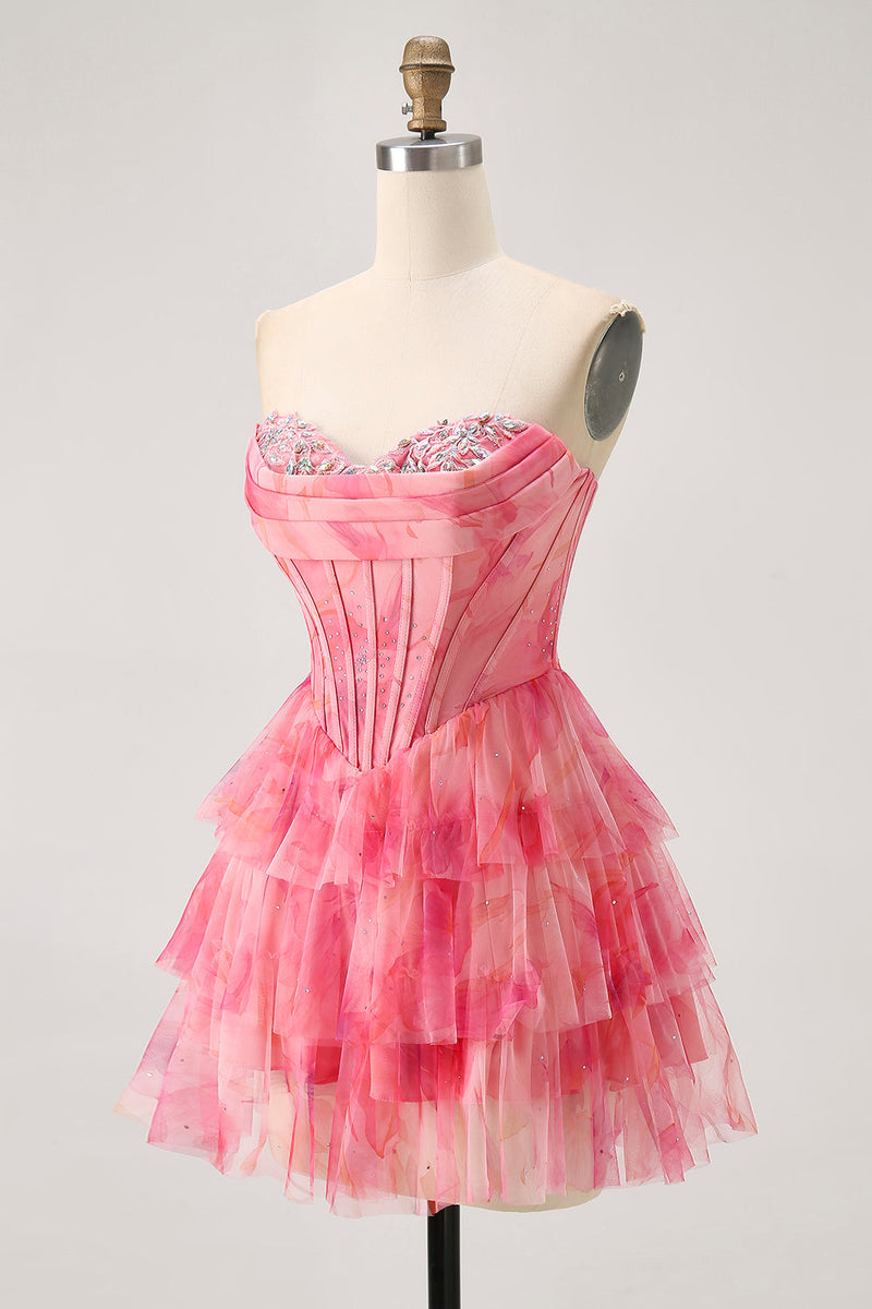 Load image into Gallery viewer, Sparkly Red Beaded Corset Short Tiered Prom Dress with Ruffles