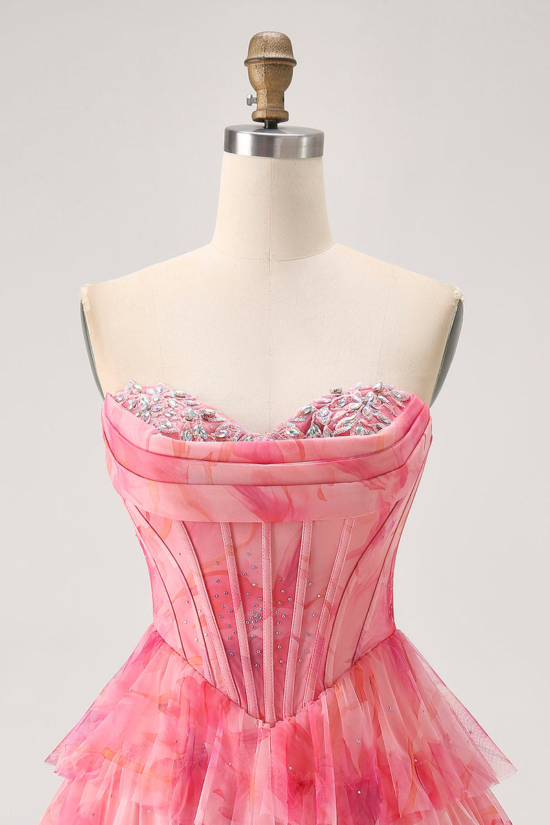 Load image into Gallery viewer, Sparkly Red Beaded Corset Short Tiered Prom Dress with Ruffles