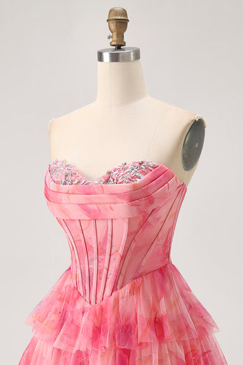 Sparkly Red Beaded Corset Short Tiered Prom Dress with Ruffles