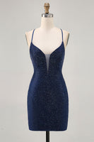 Load image into Gallery viewer, Sparkly Dark Blue Short Tight Prom Dress with Beading
