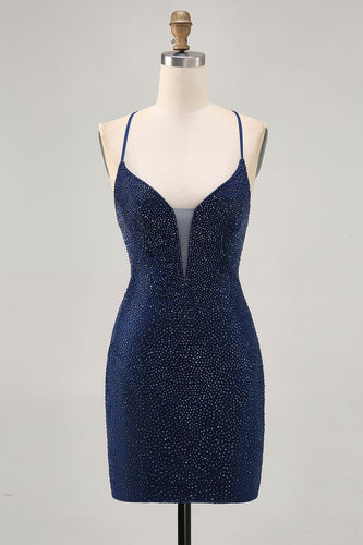 Sparkly Dark Blue Short Tight Prom Dress with Beading