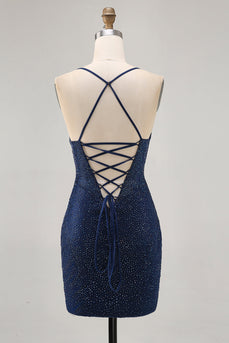 Sparkly Dark Blue Short Tight Prom Dress with Beading