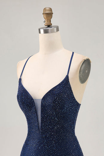 Sparkly Dark Blue Short Tight Prom Dress with Beading