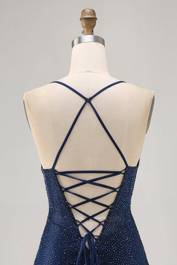 Sparkly Dark Blue Short Tight Prom Dress with Beading