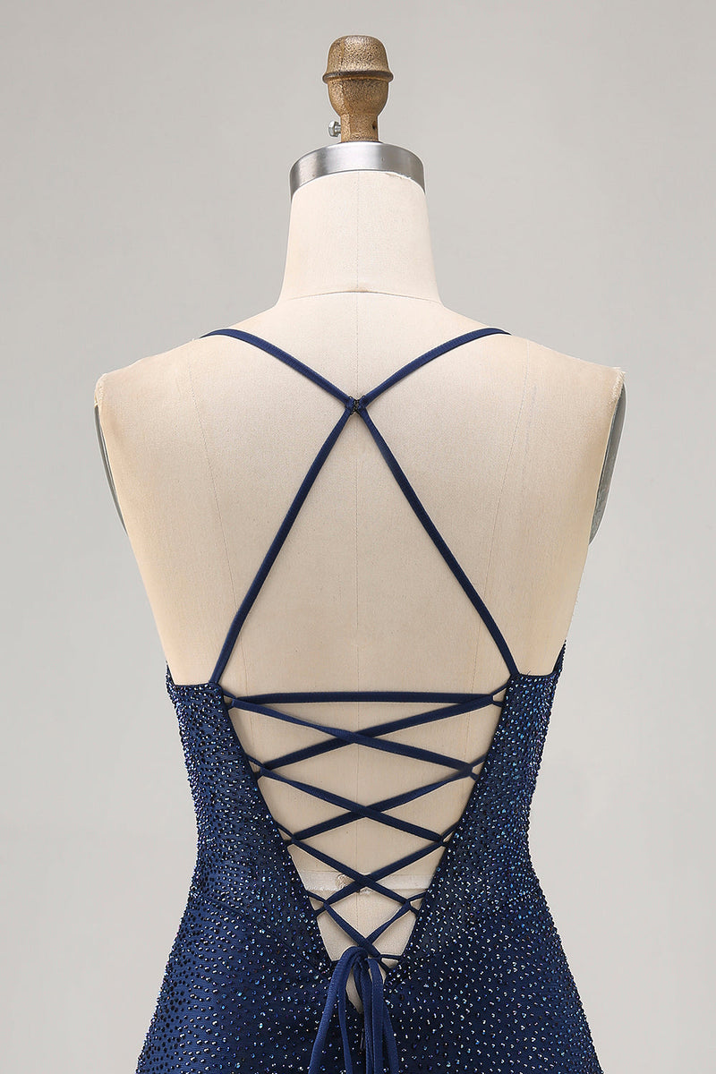 Load image into Gallery viewer, Sparkly Dark Blue Short Tight Prom Dress with Beading