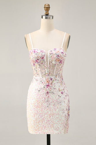 Sparkly White Floral Tight Sequins Short Corset Prom Dress
