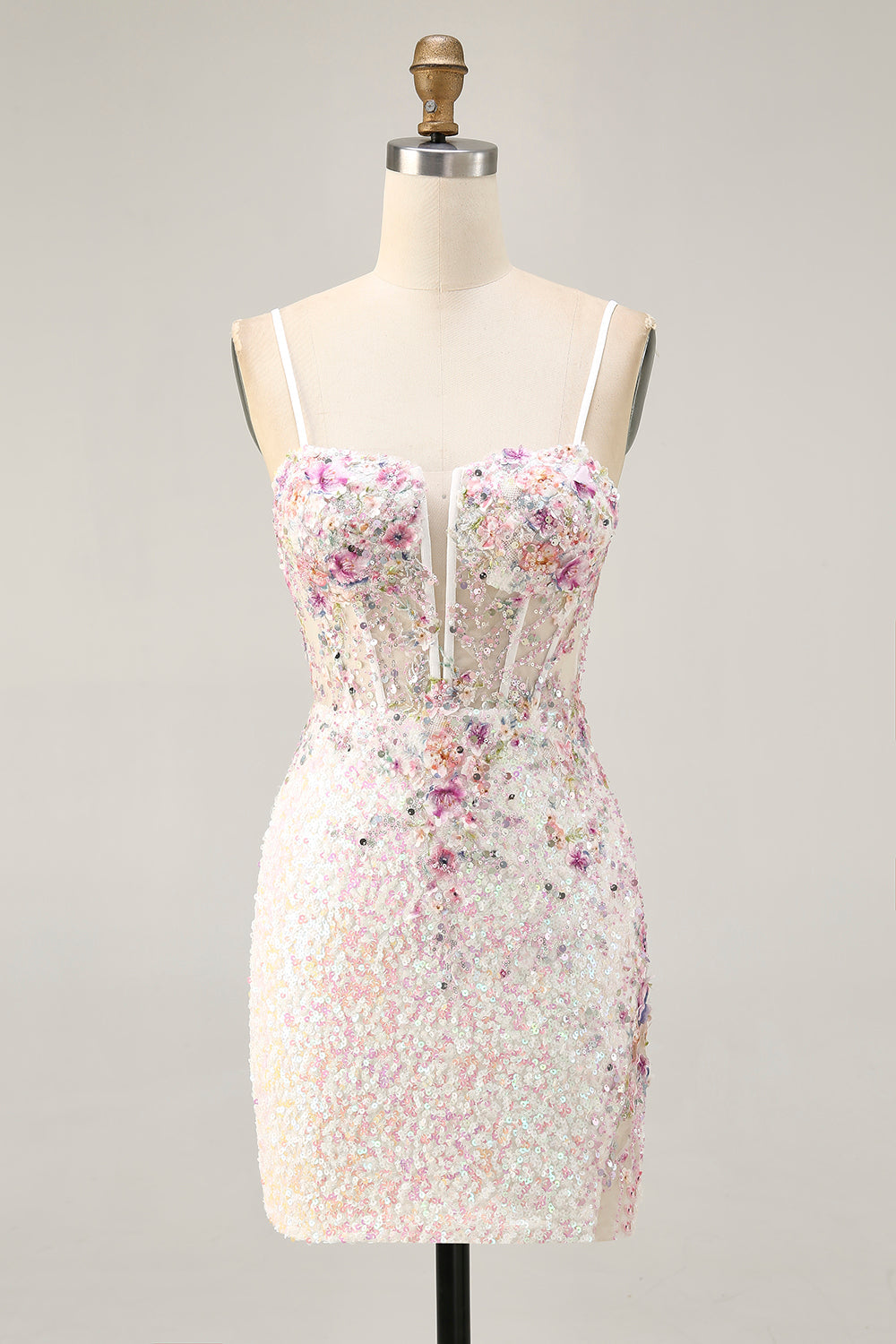 Sparkly White Floral Tight Sequins Short Corset Prom Dress