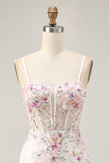 Sparkly White Floral Tight Sequins Short Corset Prom Dress