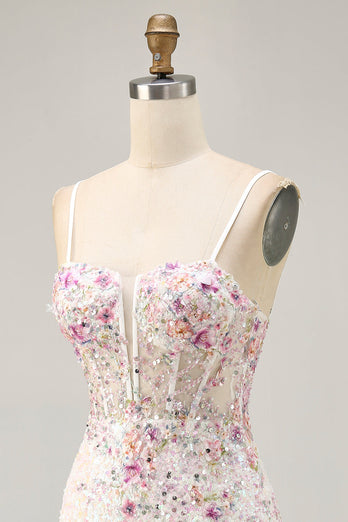 Sparkly White Floral Tight Sequins Short Corset Prom Dress