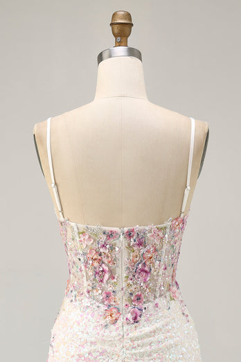 Sparkly White Floral Tight Sequins Short Corset Prom Dress