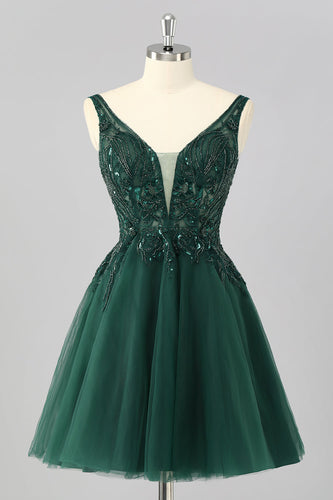 Sparkly Dark Green A Line Short Prom Dress with Beading
