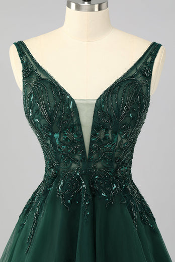 Sparkly Dark Green A Line Short Prom Dress with Beading