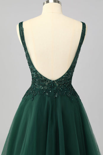 Sparkly Dark Green A Line Short Prom Dress with Beading
