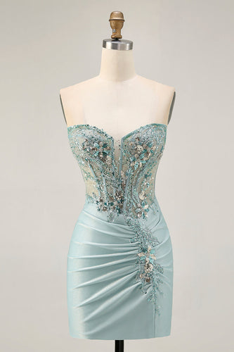 Sparkly Grey Green Tight Corset Short Prom Dress with Beading