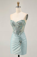 Load image into Gallery viewer, Sparkly Grey Green Tight Corset Short Prom Dress with Beading