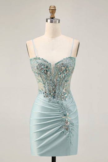 Sparkly Grey Green Tight Corset Short Prom Dress with Beading