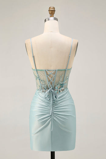 Sparkly Grey Green Tight Corset Short Prom Dress with Beading