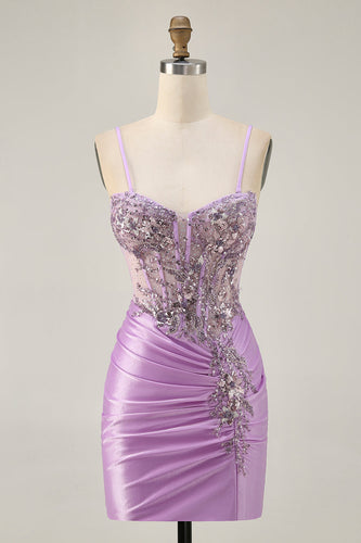 Sparkly Lilac Tight Short Corset Prom Dress with Beading