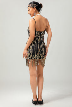 Sparkly Black Golden Spaghetti Straps Short Fringed 1920s Dress