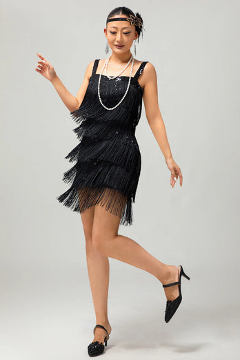 Sparkly Black Fringed Short Tight Flapper Dress