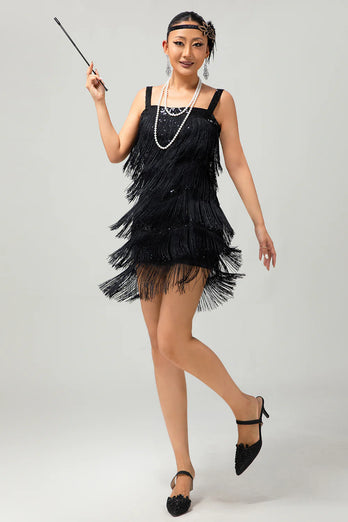 Sparkly Black Fringed Short Tight Flapper Dress