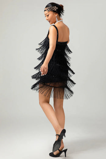 Sparkly Black Fringed Short Tight Flapper Dress