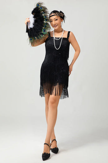 Sparkly Black Fringed Short Tight Flapper Dress
