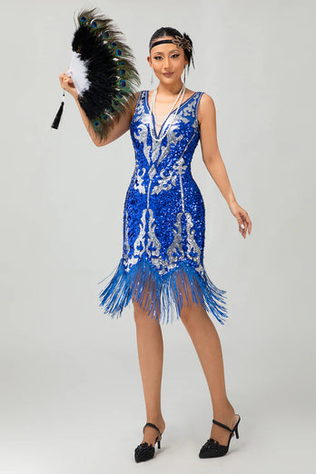 Royal Blue Gatsby Short Sequin 1920s Dress With Fringes