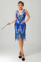 Load image into Gallery viewer, Royal Blue Gatsby Short Sequin 1920s Dress With Fringes