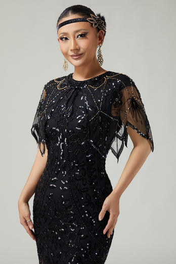 Sparkly Black Sequins 1920s Cape with Beading