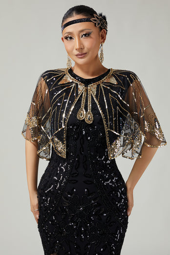Glitter Black Sequins Tulle 1920s Cape with Beading