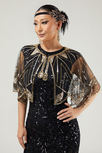 Glitter Black Sequins Tulle 1920s Cape with Beading