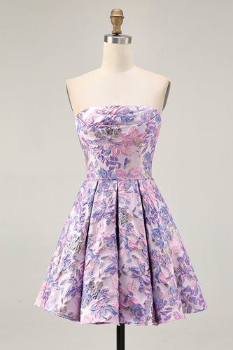 Lilac Floral Ruched Strapless Short Prom Dress