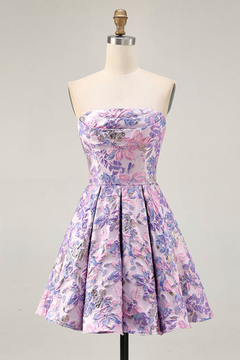 Lilac Floral Ruched Strapless Short Prom Dress