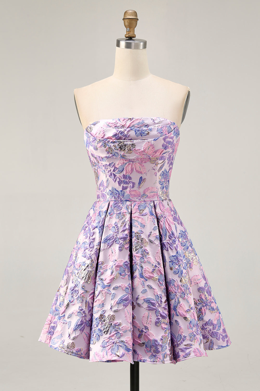 Lilac Floral Ruched Strapless Short Prom Dress