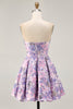 Load image into Gallery viewer, Lilac Floral Ruched Strapless Short Prom Dress