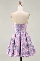 Load image into Gallery viewer, Lilac Floral Ruched Strapless Short Prom Dress