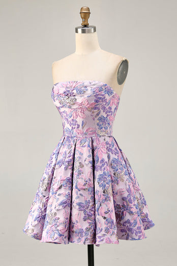 Lilac Floral Ruched Strapless Short Prom Dress