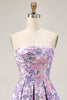 Load image into Gallery viewer, Lilac Floral Ruched Strapless Short Prom Dress